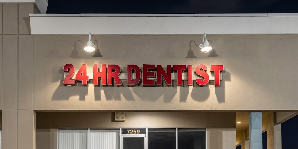 The lit 24 HR DENTIST sign above the office on International Drive, Orlando, at night